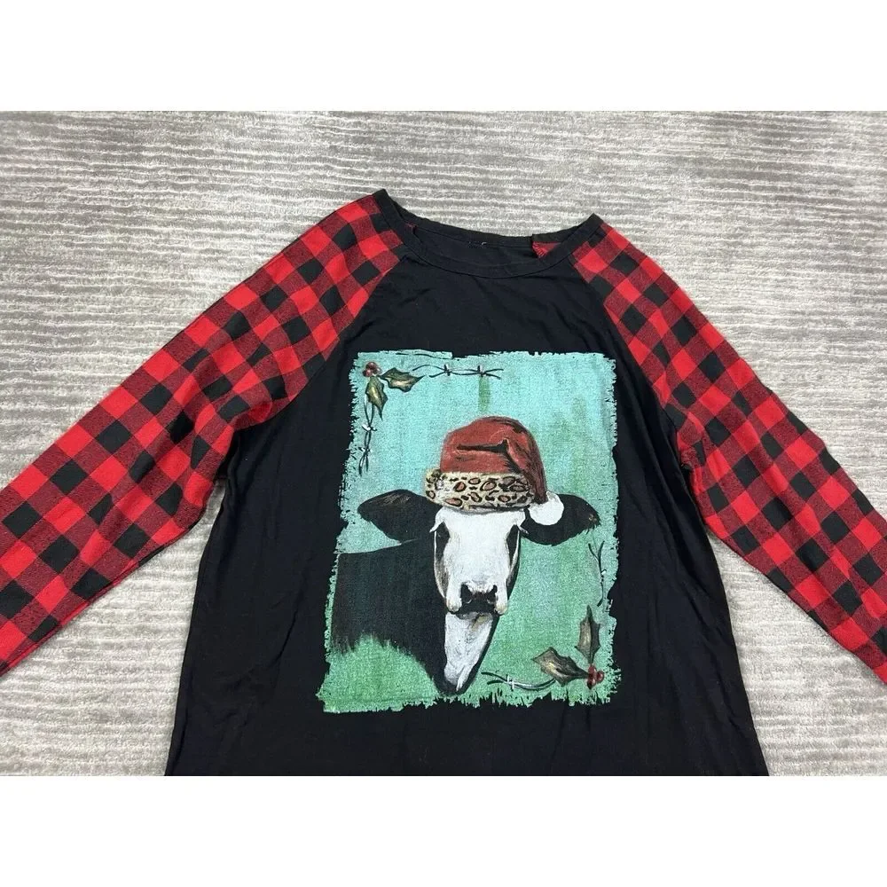 Crazy Train Top Womens‎ Large Multicolor Check Raglan Sleeves Cow Graphic - Picture 2 of 12